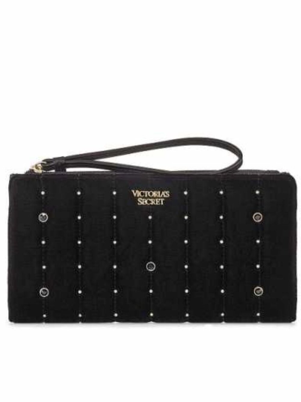 VICTORIAS SECRET VELVET STUDDED CLUTCH WRISTLET WALLET PURSE BLACK GOLD